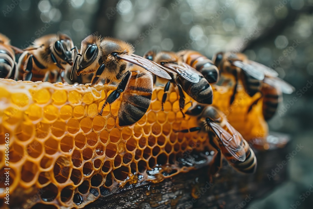 Poster a dynamic image capturing multiple honey bees on a wax honeycomb with vibrant highlights and natural