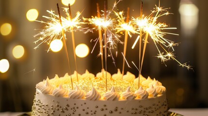 a celebratory cake adorned with sparklers, showcasing a festive dessert with frosting and decorations, set against a dark background