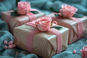 Fototapeta na wymiar Delicate portrayal of soft pink roses atop polka-dot patterned presents depicting love and affection