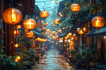 In Asian town, vibrant lanterns illuminate the night, symbolizing tradition and celebration.