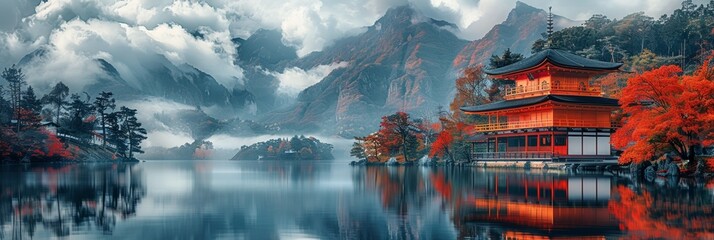 Amidst the Asian landscape, a tranquil lake reflects the vibrant colors of autumn foliage, offering a serene vacation spot. - obrazy, fototapety, plakaty