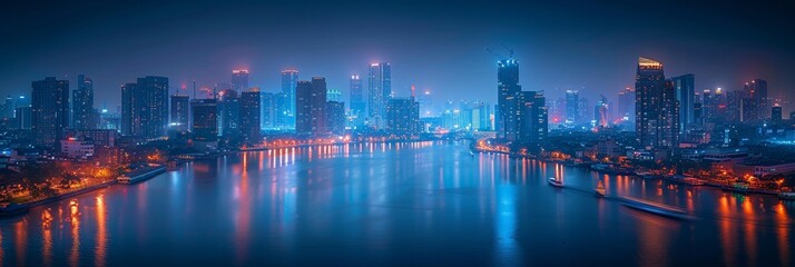 In the mesmerizing nights of Asia's modern cities, skyscrapers illuminate the skyline, reflecting on the urban river.