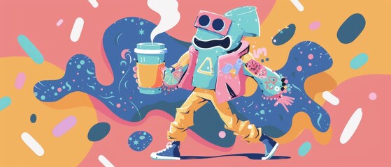 The Vintage Toons Walking Coffee Cup Mascot - But First, Coffee! Promo banner template with 80s contour paper nug character. Handdrawn modern illustration. - obrazy, fototapety, plakaty