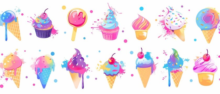 This Urnab Graffiti icon set includes sprayed yammy elements isolated on a white background. Ice cream, donut, cupcake, chocolat bar, croissant with paint overspray. A modern illustration.