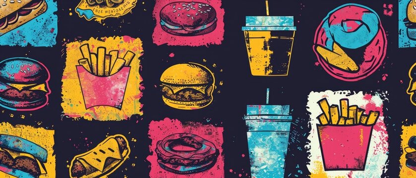 The menu includes burger, fries, soda, cookies, coffee, ice cream, hot dog, donut and pizza with a y2k urban graffiti style. 90s modern illustration.