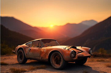 Fototapeta na wymiar An old rusty car against the background of mountains and sunset. AI
