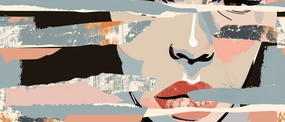 Modern illustration of vintage grunge paper stickers for mixed media design. Set includes eye, lips, nose, and ear elements in halftone texture.