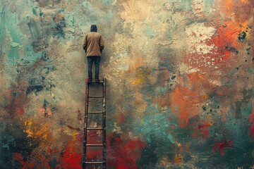 A solitary man stands atop a ladder facing a vibrant, abstract textured wall, evoking contemplation...