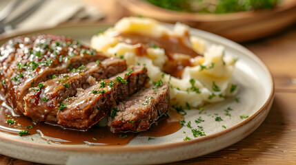 Sliced meatloaf and mashed potatoes. Food at the restaurant. High-resolution