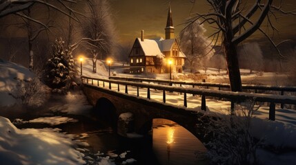 Empty bridge over frozen river Hornad in Slovak paradise. Winter time. - obrazy, fototapety, plakaty