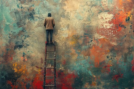 A solitary man stands atop a ladder facing a vibrant, abstract textured wall, evoking contemplation and artistic expression