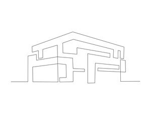 Continuous one line drawing of modern house architecture. Flat roof house or commercial building in single line vector illustration. Editable stroke.
