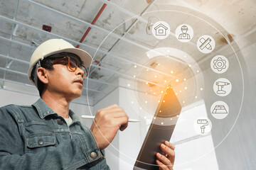 Home inspector or engineer examines the building structure and ceiling home construction...