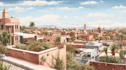 Fototapeta na wymiar a beautiful view of marrakech detailed watercolor.