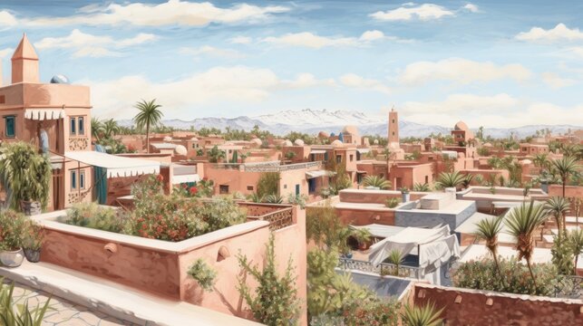 a beautiful view of marrakech detailed watercolor.