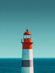 Fototapeta na wymiar Minimal red and white lighthouse on a blue sky background. High quality