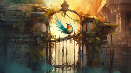 a painting of a gate with a bird on top of it.
