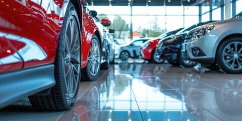 Rearview car parked in luxury showroom. Car dealership office. New car parked in modern showroom. Car for sale and rent business concept. Automobile leasing and insurance concept - obrazy, fototapety, plakaty