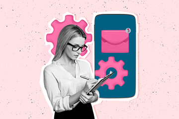 Composite photo collage of serious girl write clipboard iphone screen gears settings email letter message isolated on painted background - Powered by Adobe