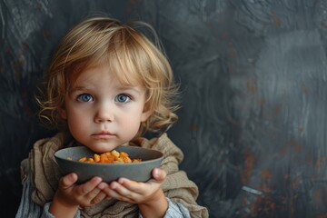 Innocent gaze of a toddler with big blue eyes holding a bowl, a picture of childhood simplicity