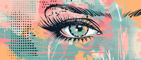 Modern acid colors with textures and jagged stars on a halftone girl eye t-shirt. Trendy retro art.