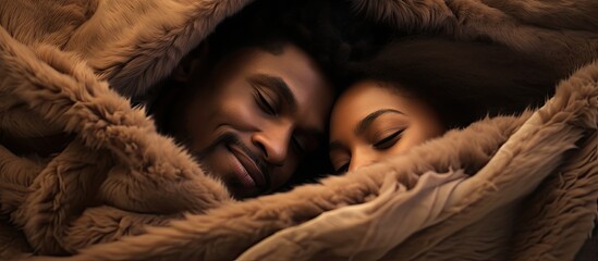 A couple of giraffes lovingly cuddle under a cozy blanket, showing affection and warmth