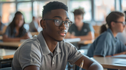Obraz premium A young male student with glasses engrossed in writing during a classroom exam.