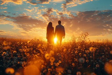 A romantic scene featuring a couple holding hands, walking through a floral field during a beautiful sunset