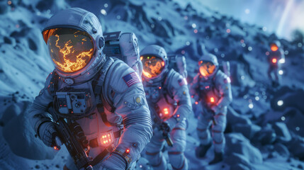 A squad of astronauts presses forward in a blue-hued landscape with fiery eruptions and particles - obrazy, fototapety, plakaty