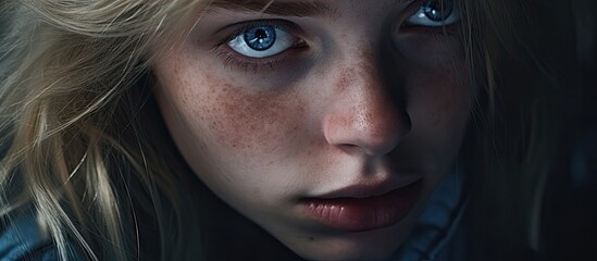 A young woman with light hair, freckles, and stunning blue eyes is gazing directly at the camera - obrazy, fototapety, plakaty