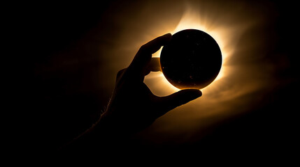 Hand holding a moon. Solar eclipse creative concept
