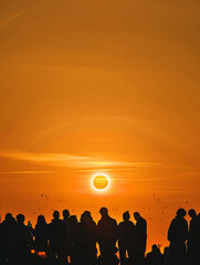 Silhouette back view of people watching solar eclipse on gold sky background
