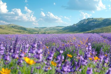 Fototapeta premium An enchanting view of a lush lavender field stretching towards distant rolling hills and a bright blue sky