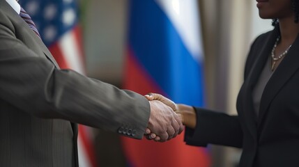 handshake, diplomacy, agreement, us-russian, ceasefire, international arena, dark-skinned politician shaking hands with a man, Russian and American flags, international relations between Russia and th