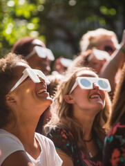 Group of people watching a solar eclipse with protective glasses - obrazy, fototapety, plakaty