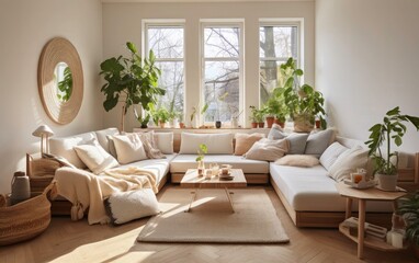 A living room with wooden floors, white walls and  large window. Beige sofa with an armchair. wooden coffee table and decorative home interior living room.