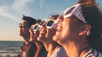 Group of people watching a solar eclipse with protective glasses - obrazy, fototapety, plakaty