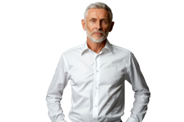 Portrait studio Smart and healthy senior business man wearing suit and t shirt that posing and smiling relaxedly isolated on transparent png background.
