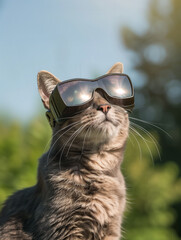 Cat looking at solar eclipse and wearing protective solar eclipse glasses - 764067000