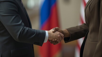 handshake, diplomacy, agreement, us-russian, ceasefire, international arena, dark-skinned politician shaking hands with a man, Russian and American flags, international relations between Russia and th