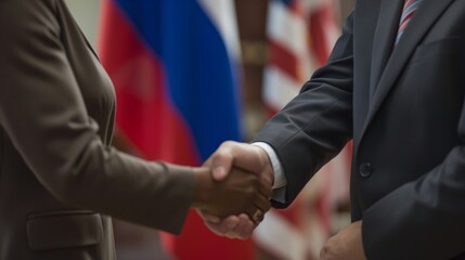 handshake, diplomacy, agreement, us-russian, ceasefire, international arena, dark-skinned politician shaking hands with a man, Russian and American flags, international relations between Russia and th - obrazy, fototapety, plakaty