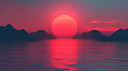 Orange sky ablaze as the sun dips below the horizon, casting reflections on the calm ocean water. illustration - obrazy, fototapety, plakaty