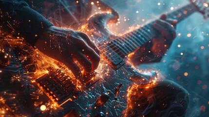 A person is playing a guitar with a lot of sparks flying out of it - obrazy, fototapety, plakaty