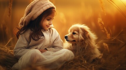 Girl and her puppy adopted from a shelter, friendship and care for animals concept, warm background, banner