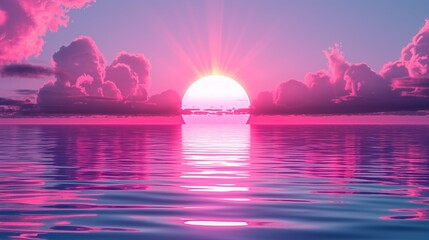 Pink sky ablaze as the sun dips below the horizon, casting reflections on the calm ocean water. illustration. - obrazy, fototapety, plakaty