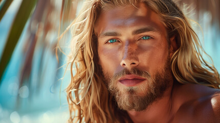Portrait of a blond man with long hair, beach in the background - obrazy, fototapety, plakaty