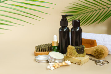 Male self-care. Natural eco cosmetic products for skin care of face, body. Cosmetic products for self-care. Hygiene. Haircut and hair and beard care