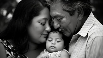 Mom, dad and their adopted child, happy family and motherhood concept, hyperrealistic, monochrome, banner - obrazy, fototapety, plakaty