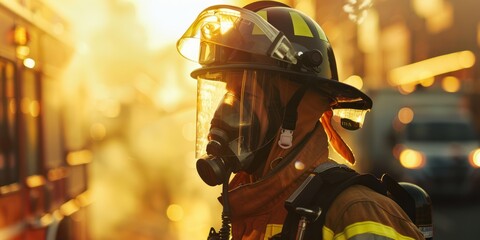 Portrait of a fireman wearing firefighter turnouts and helmet.  - obrazy, fototapety, plakaty