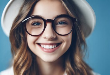 Portrait of a young girl wearing glasses. Advertising for an optical store